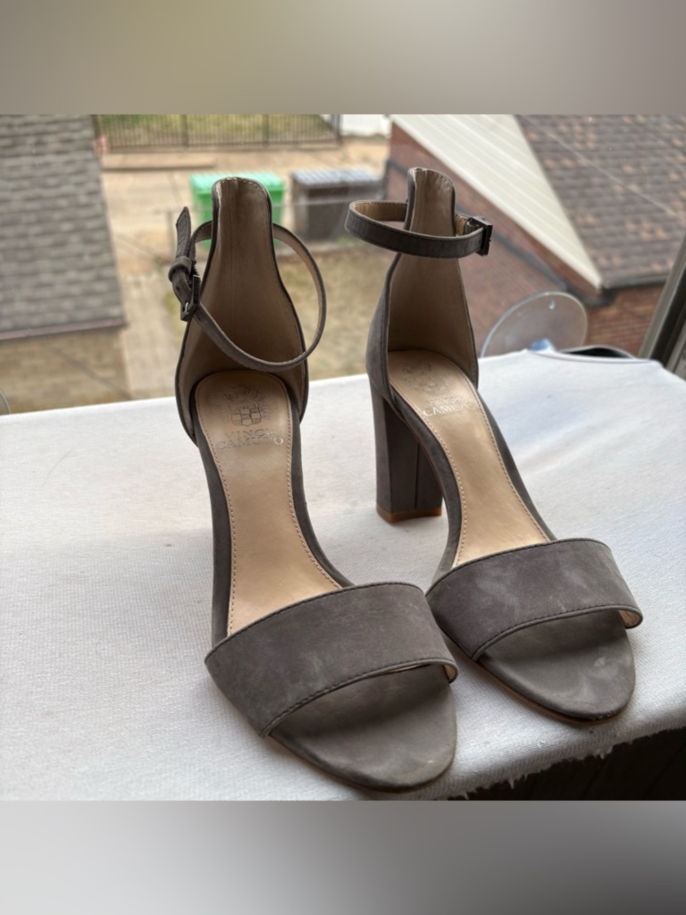 Vince Camuto Taupe Suede Ankle-Strap Block Heels